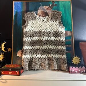 Crochet Sweater Vest Cream Taupe One Size Boho Handmade
